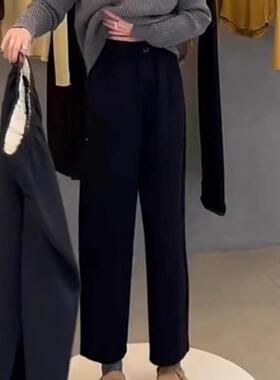 深色毛呢阔腿裤女 秋大尺HUU码冬高灰腰显UYD子瘦小个加绒休加厚