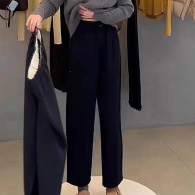 深色毛呢阔腿裤女 秋大尺HUU码冬高灰腰显UYD子瘦小个加绒休加厚