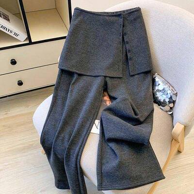 慵通勤风直可加S卸屁帘毛呢阔腿裤季女装懒VUS冬绒加FE厚灰色筒休