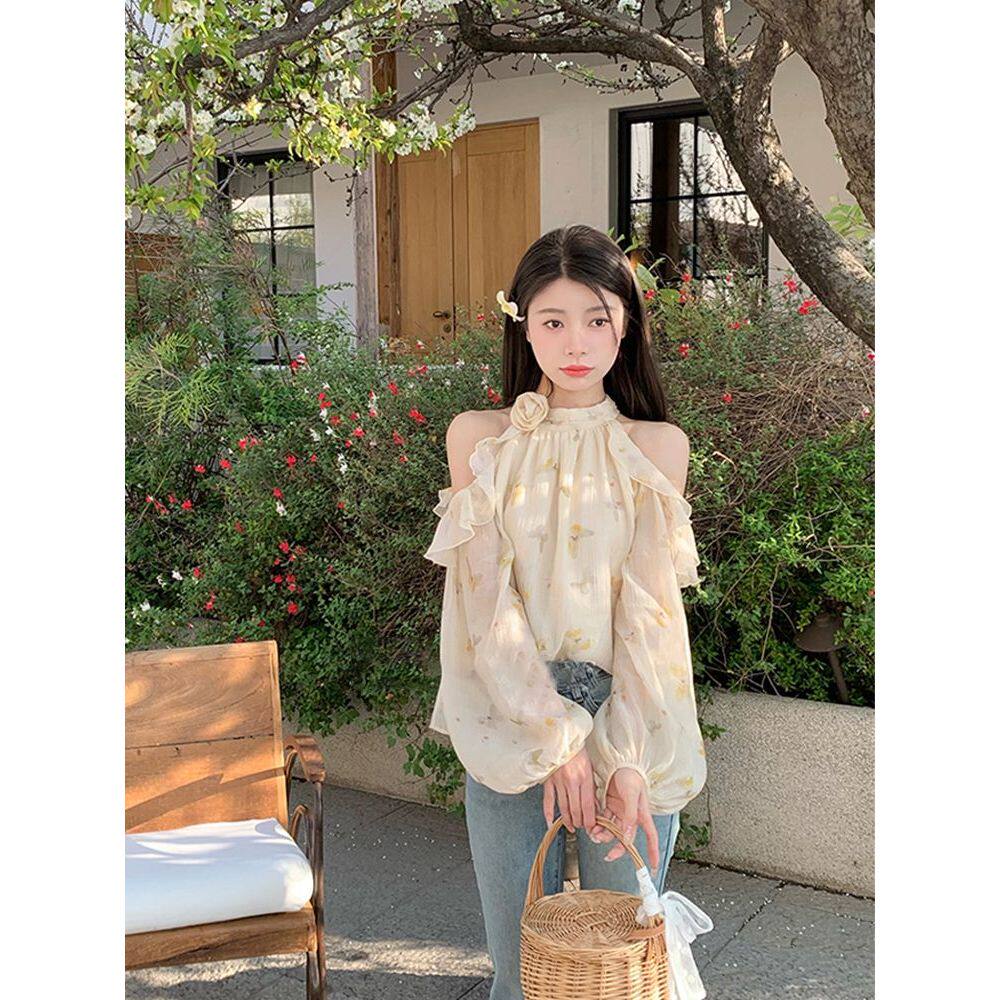 仙女露肩挂脖泡泡袖上衣衬衫高级蕾丝衫/雪纺衫