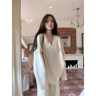 奶白5色温柔风头懒V领240922409250606衣女秋冬慵宽松风软糯针织