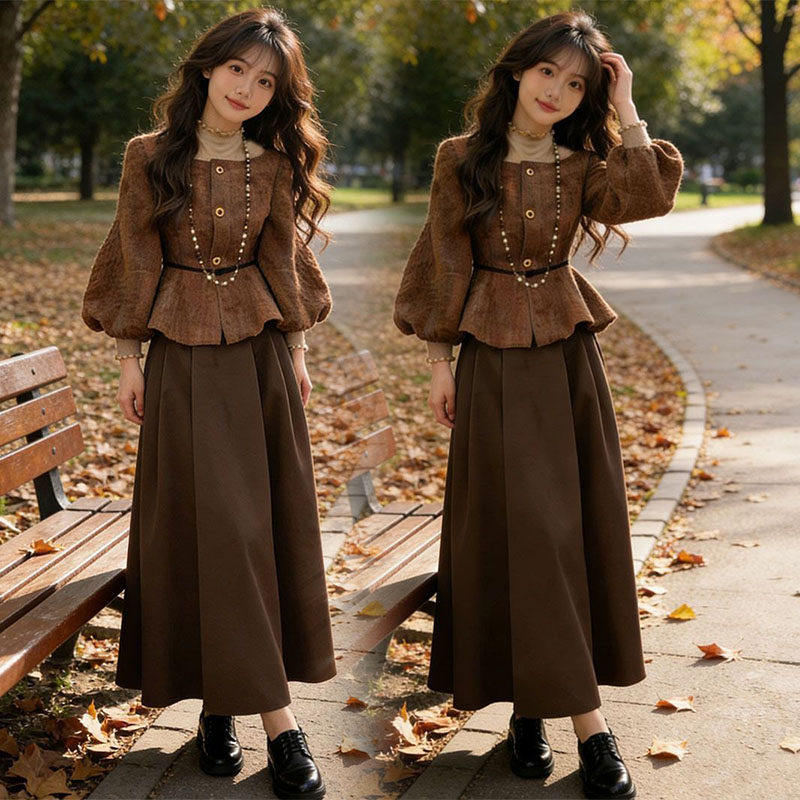 小个子穿搭复古两件套2026春季新款韩系收腰灯笼袖上衣半身裙套装