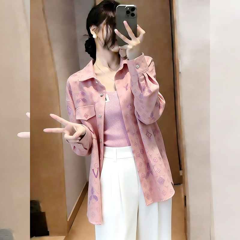 重工烫钻印花粉色翻领衬衫外套女春2026新款小个子宽松休闲防晒衣