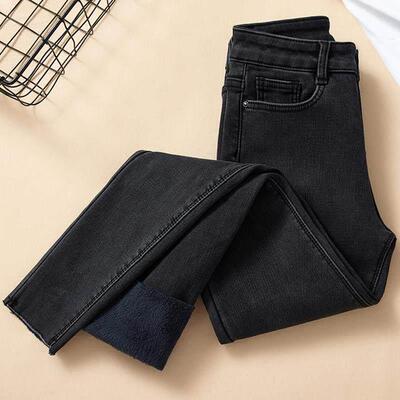 毛加绒牛仔女季冬裤边新Y2CLP-801高024款腰弹力修身显瘦保暖YCLP