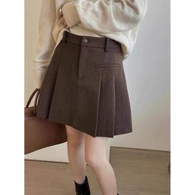 2025季光新腰羊毛呢瘦半身裙a裙显防走PVI休字闲SDF款百高褶短裙