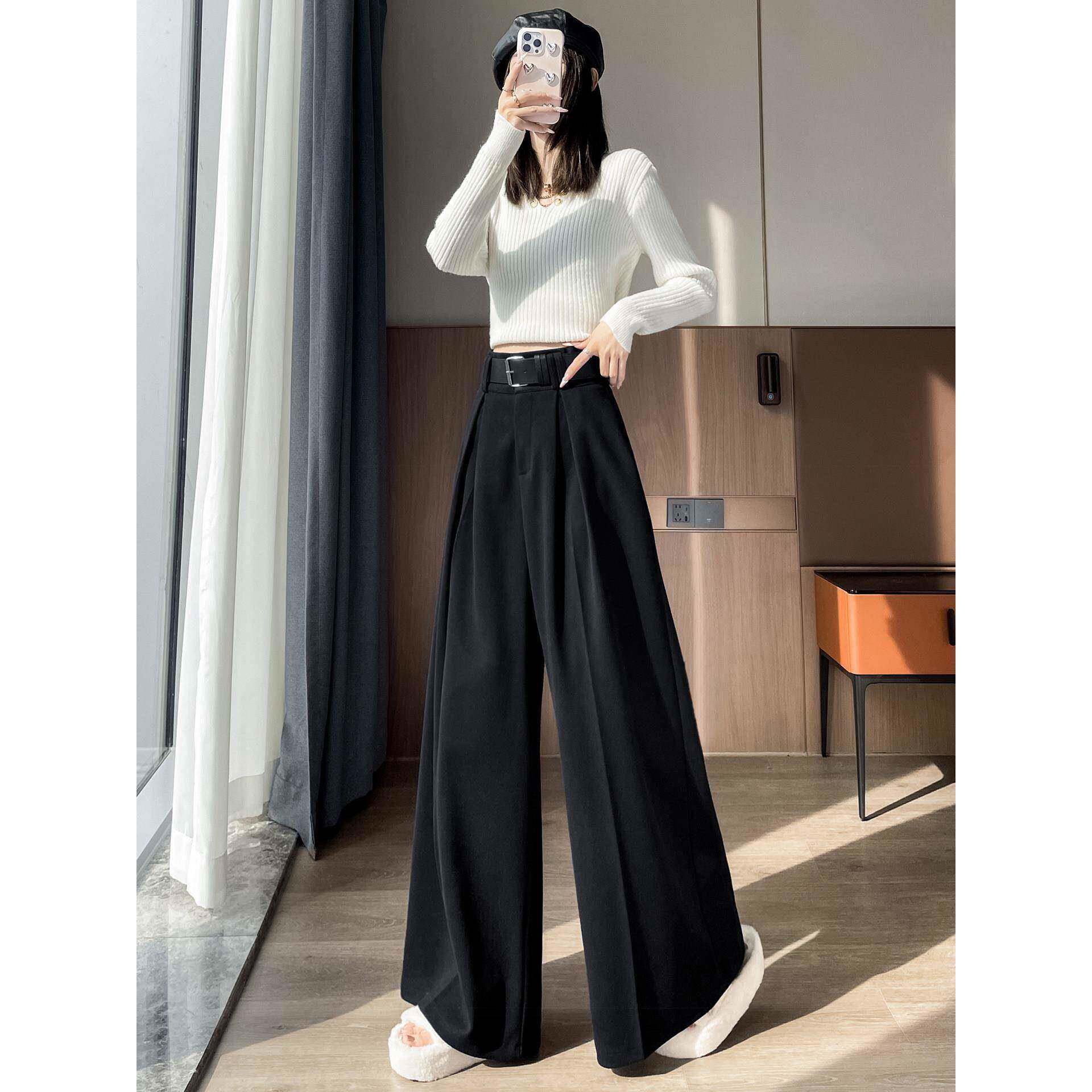 高装级感加绒加T厚VJ灰色毛显呢西裤女宽季LCS松瘦垂感拖地冬阔腿