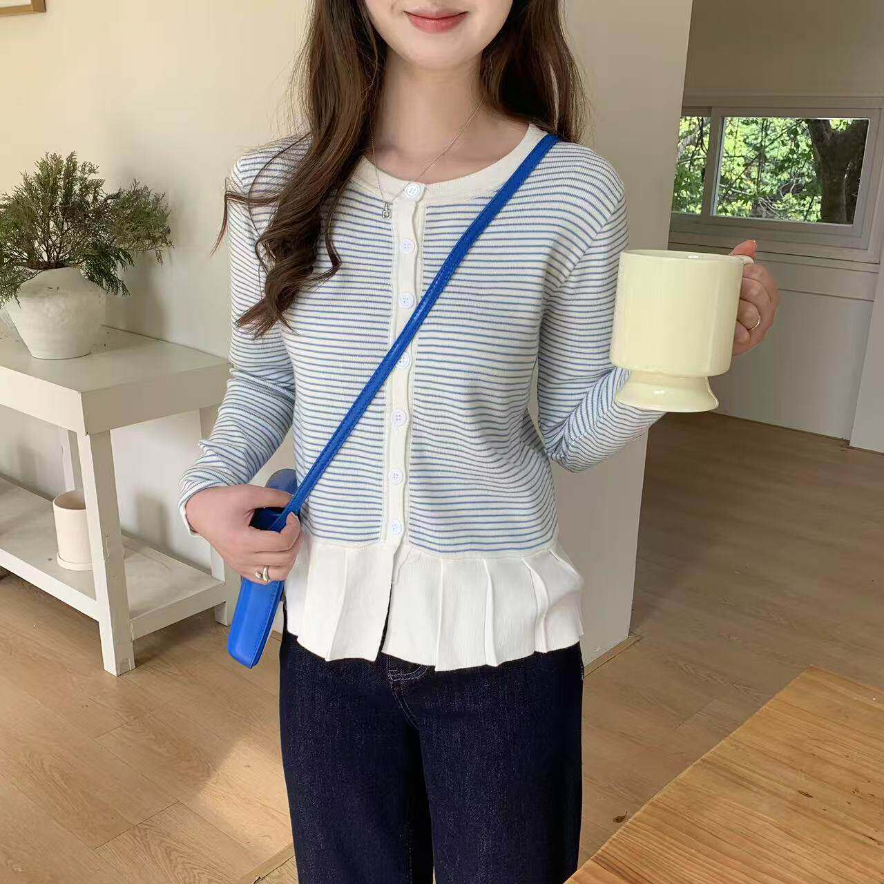 北岛AMUU原创拼色条纹百褶下摆针织衫女早春新款小众长袖上衣