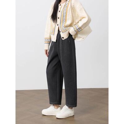 秋冬新款小子灰色毛分呢奶裤奶九个女TKC腰宽松阔HXG加厚休腿高闲