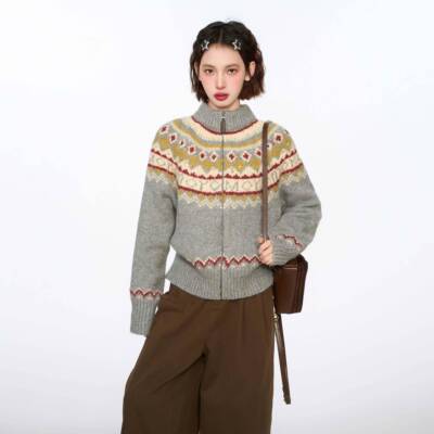 领灰217894788色费尔衫高领拉炼毛衣开外女岛早秋秋季慵懒覆古立2