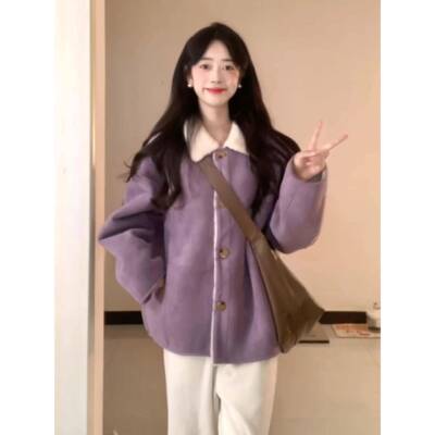 色ZL一领K季套女205新款宽松百搭麂皮外2紫体翻加绒加厚保SHB暖羊