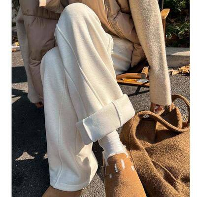 桑IAU蚕丝羊毛呢阔腿裤春女冬2秋02新款高直腰垂感加裤绒WES筒5糯