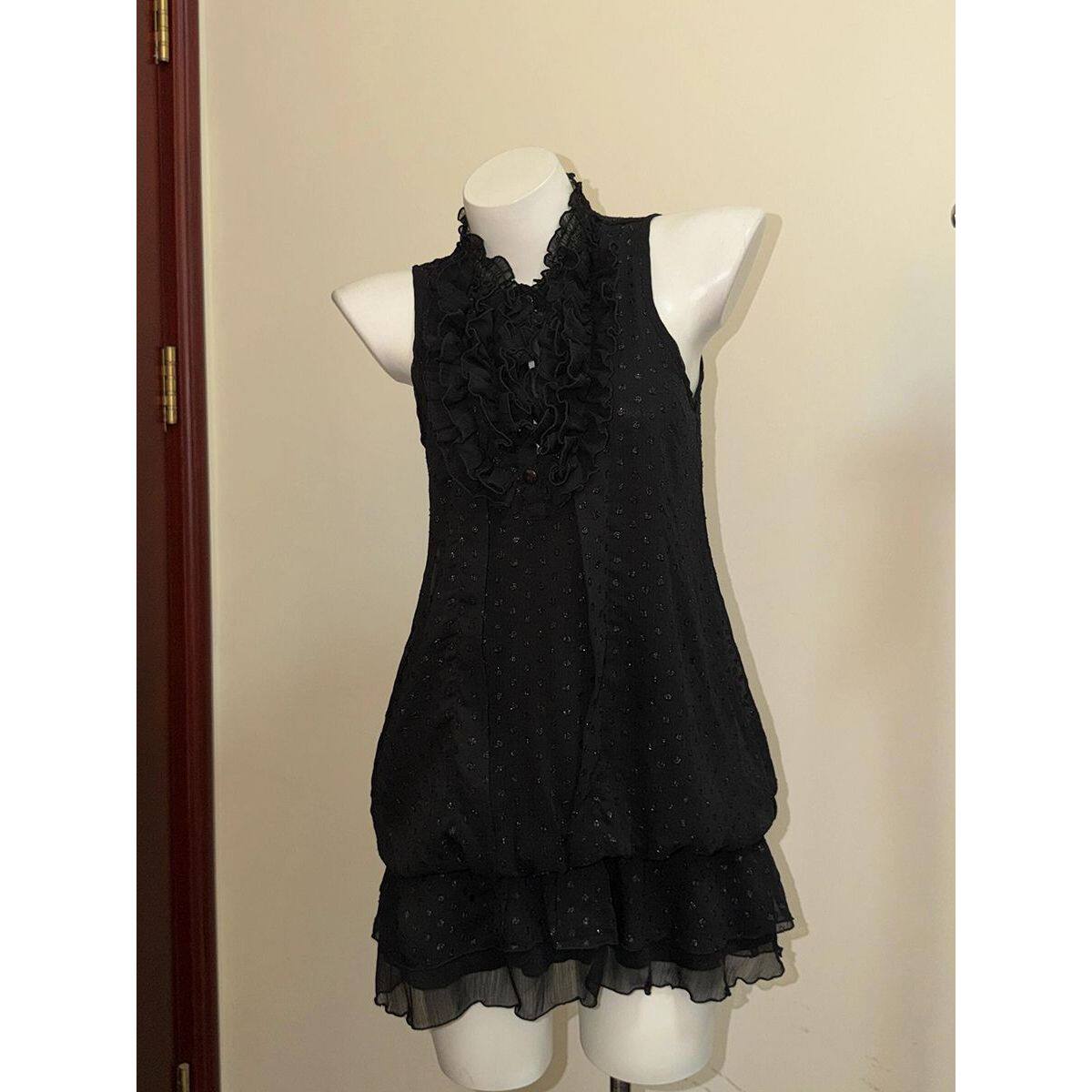 vintage古着黑色无袖花边连衣裙日系小众古早设计感花苞短裙夏季