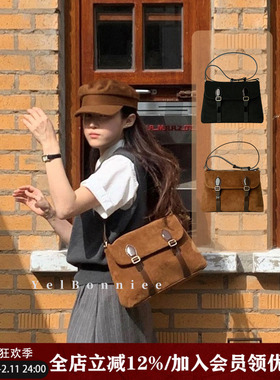 野啵妮 开模定制ette小众邮差包单肩包韩国麂皮斜挎包百搭复古牛