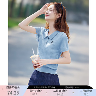 T恤 温柔甜美polo领针织短款 上衣女2025夏新款 小个子时尚 显瘦短袖