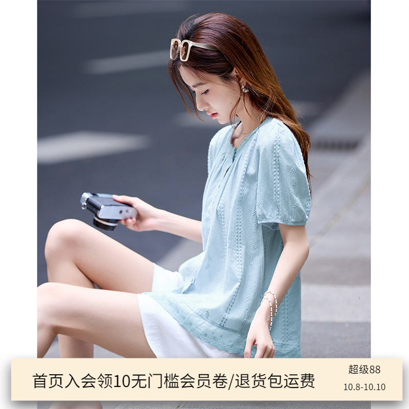 尚静欧若风纯棉圆领短袖衬衫