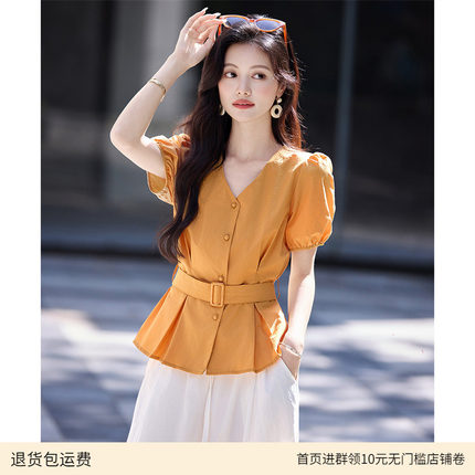 纯色配腰带衬衫女短袖2025夏款V领短袖橙色收腰设计感小众短衬衣