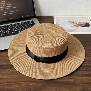 户外沙滩度假显脸小遮阳帽文艺优雅帽子 平顶草帽夏款 2025新款 法式