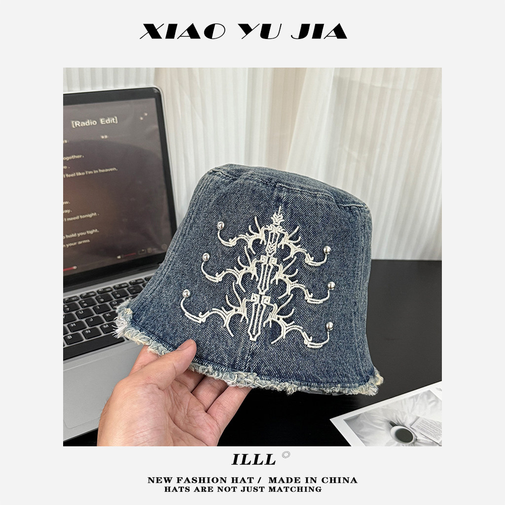 韩版小众刺绣铆钉牛仔毛边渔夫帽女早秋新款大头显脸小时尚水桶帽