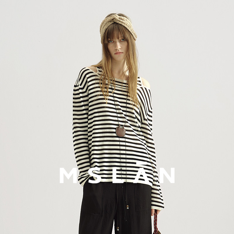 秀场同款/MSLAN镂空露肩慵懒风条纹假两件套头针织衫26春