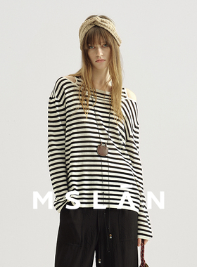 秀场同款/MSLAN镂空露肩慵懒风条纹假两件套头针织衫26春