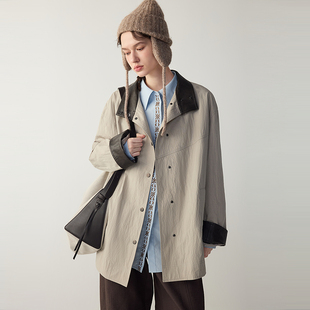 MSLAN都市通勤 巴恩风撞色拼接风衣BF风立领小个子夹克外套新