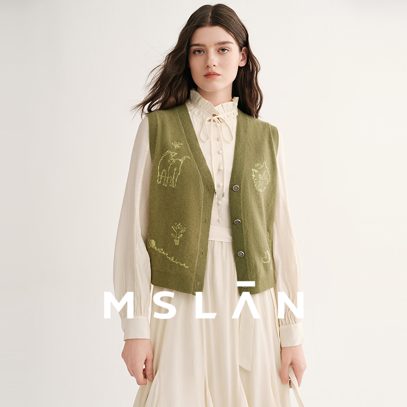 MSLAN浣熊纱混纺马甲 冬季复古提花叠穿软糯针织背心