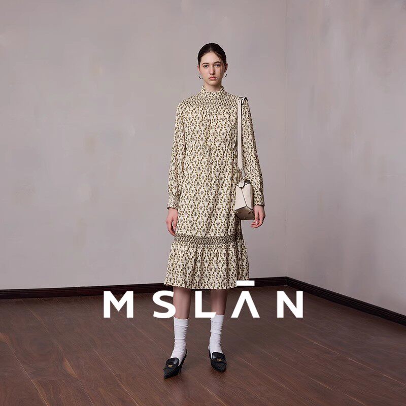 【半高领碎花连衣裙】MSLAN法式复古茶歇裙收腰长裙MEDV41