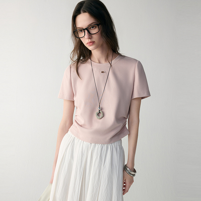 小蛮腰/MSLAN26春夏基础短袖合身显瘦白色正肩抽褶收腰T恤