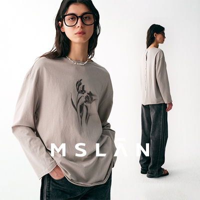 秋日氤氲/MSLAN 25秋慵懒微透宽松T恤扭结灰色水墨玫瑰长袖套衫