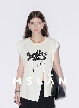 流苏背心T/MSLAN夏季休闲通勤印花开叉无袖T恤坎肩背心MFBN1002