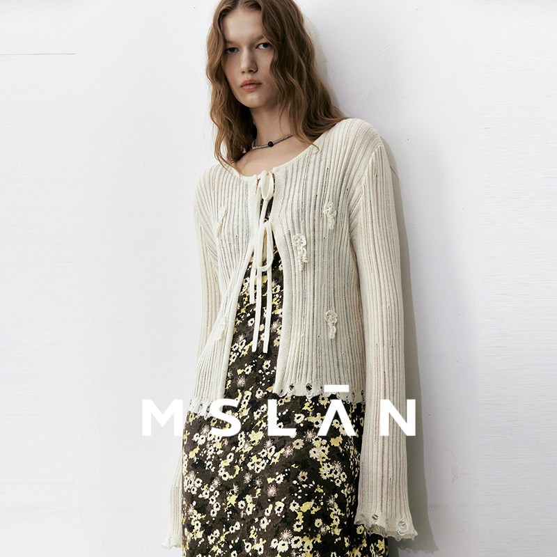 「月光衫」MSLAN钩花绑带亚麻开衫钩花慵懒甜美破洞针织衫26春