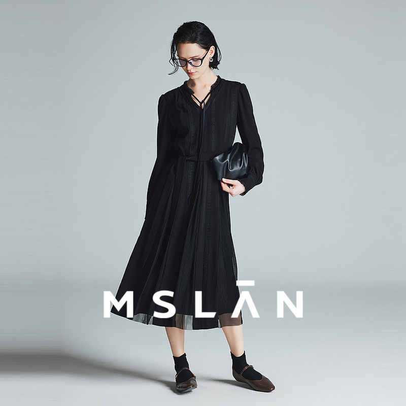 MSLAN华尔兹小黑裙 商场同款梭织拼接网纱连衣裙MFDT400