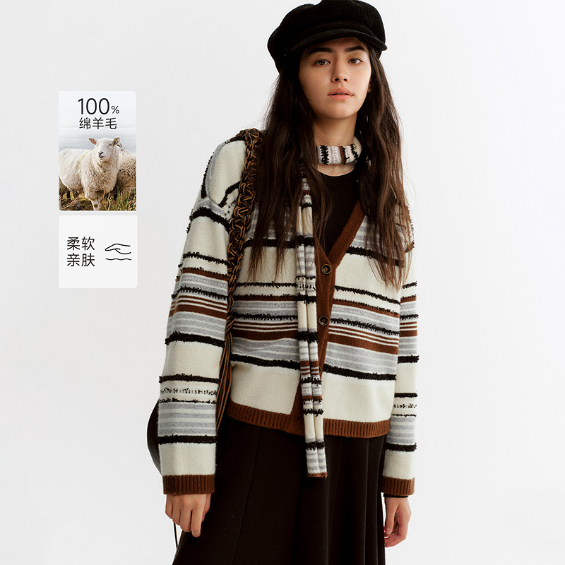MSLAN游牧费尔岛 温暖感飘带绵羊毛肌理开衫条纹V领针织衫外套,女装/女士精品,毛针织衫,淘宝优惠券,粉丝福利购,淘宝优惠卷