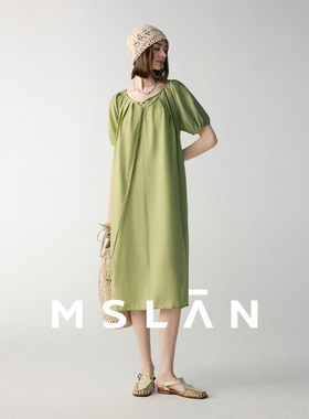 【质感醋纤】MSLAN夏季度假风圆领系带绿色连衣裙MFAE4113