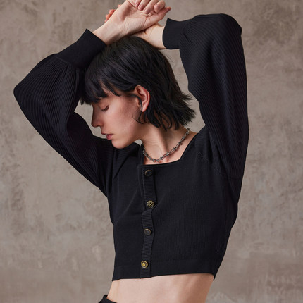 弹力曲珠纱/MSLAN都市简约 方领截短针织衫显瘦黑色套衫MFAE1304