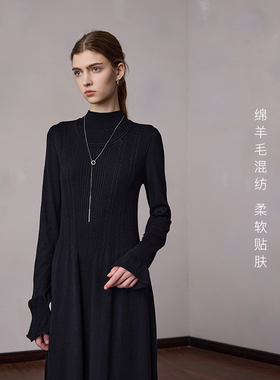 赫本风/MSLAN绵羊毛收腰显瘦小黑裙荷叶边针织连衣裙MGDT461