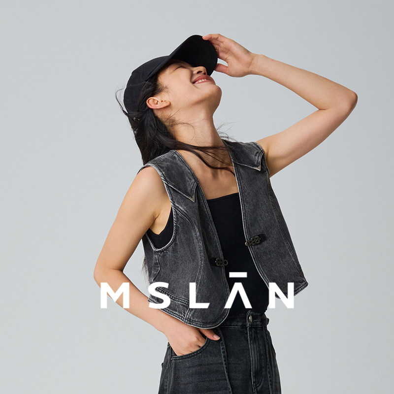 新中式/MSLAN26春时尚通勤纯棉休闲水洗灰色做旧牛仔马甲MF