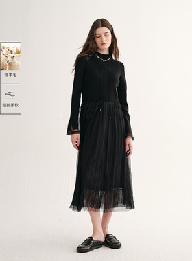 MSLAN朦胧小黑裙 气质拼接网纱收腰针织中长裙黑色连衣裙MGDT1001