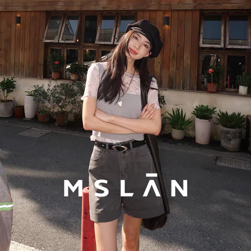 复古丹宁/MSLAN26春商场同款个性分割翻边纯棉牛仔短裤MGC
