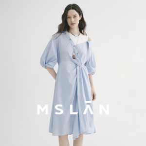 MSLAN不规则假两件裙 清爽呼吸感蓝色露肩度假风连衣裙女26春夏