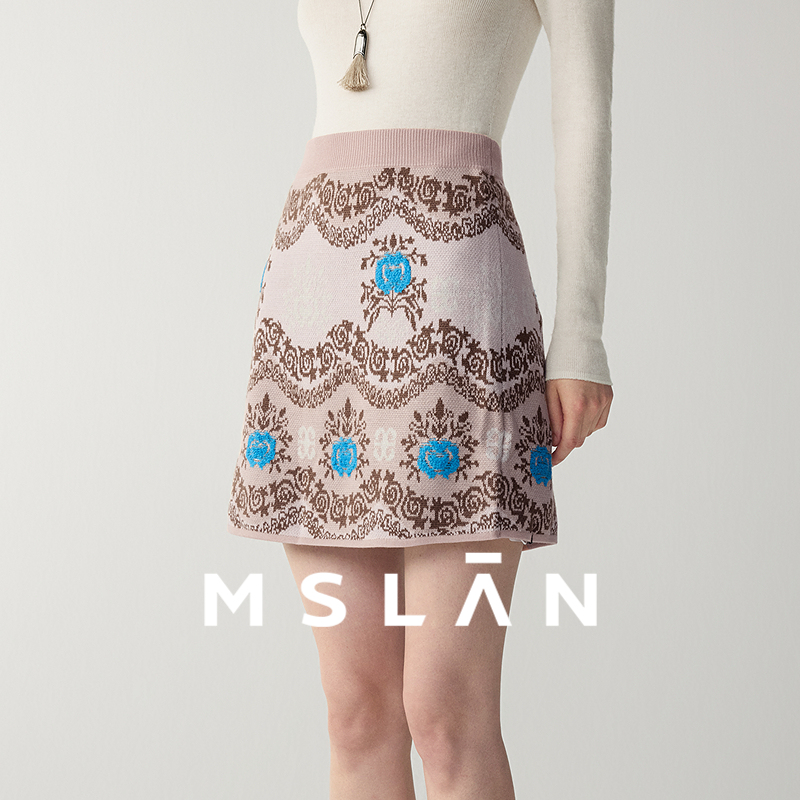 【绵羊毛+马海毛】MSLAN25秋商场同款粉色提花羊毛短裙半身裙