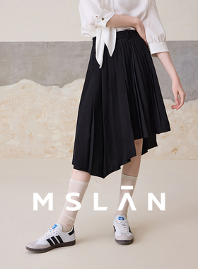 风琴褶/MSLAN夏季时尚轻盈不规则黑色A字半身裙女MEBM8211