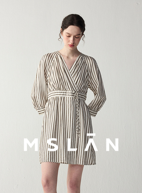 MSLAN燕麦条纹 26春进口醋纤通勤波浪V领条纹收腰长袖连衣裙