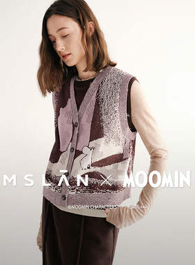 MSLAN「姆明联名」费尔岛撞色提花V领叠穿针织背心马甲26早春