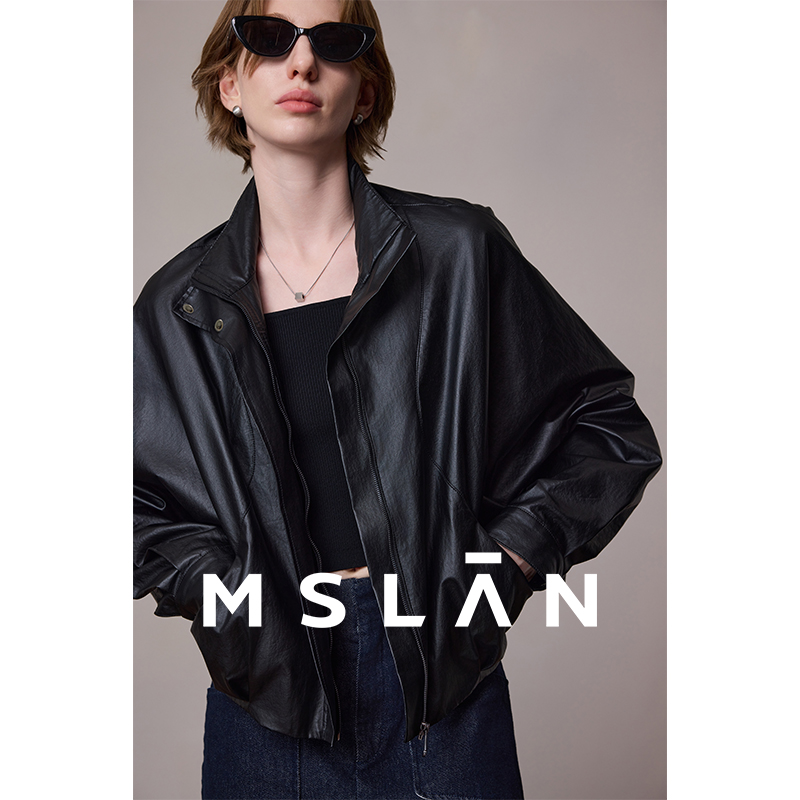 MSLAN纸皮夹克 25秋时髦立领黑色皮衣短款廓形显瘦夹克外套女
