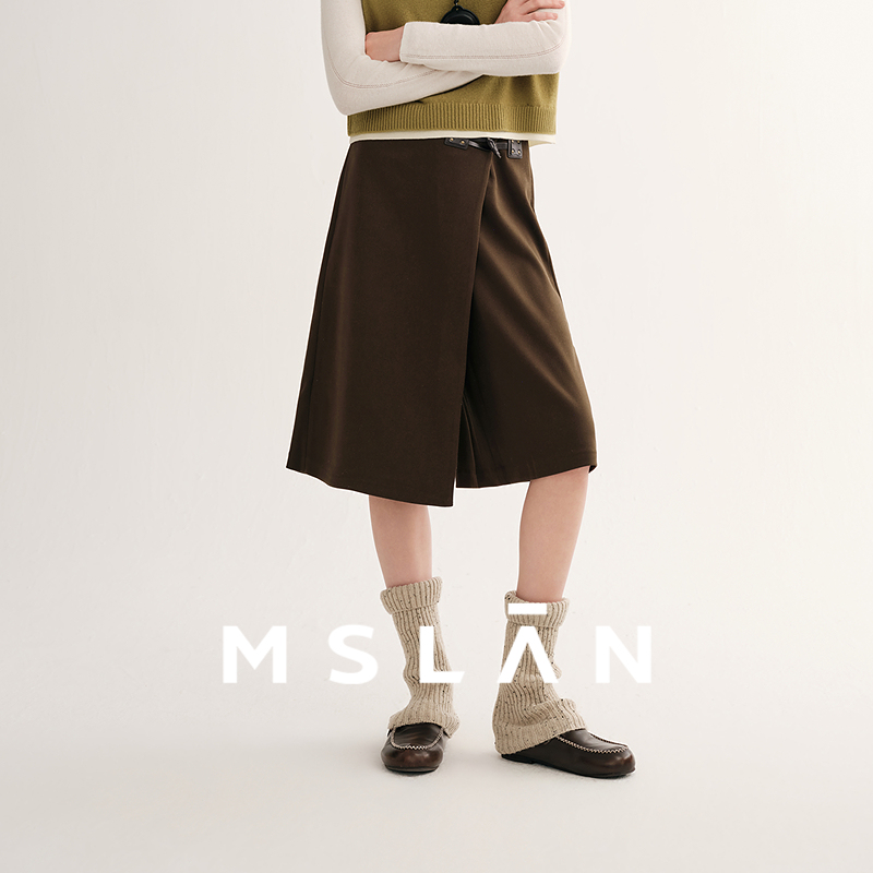 MSLAN美拉德 25冬高腰a字显瘦通勤造型扣中长裙咖色休闲裤裙