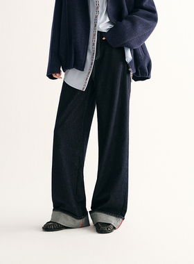 MSLAN解构丹宁 经典原色水洗阔腿裤撞色翻折边明线显瘦牛仔裤