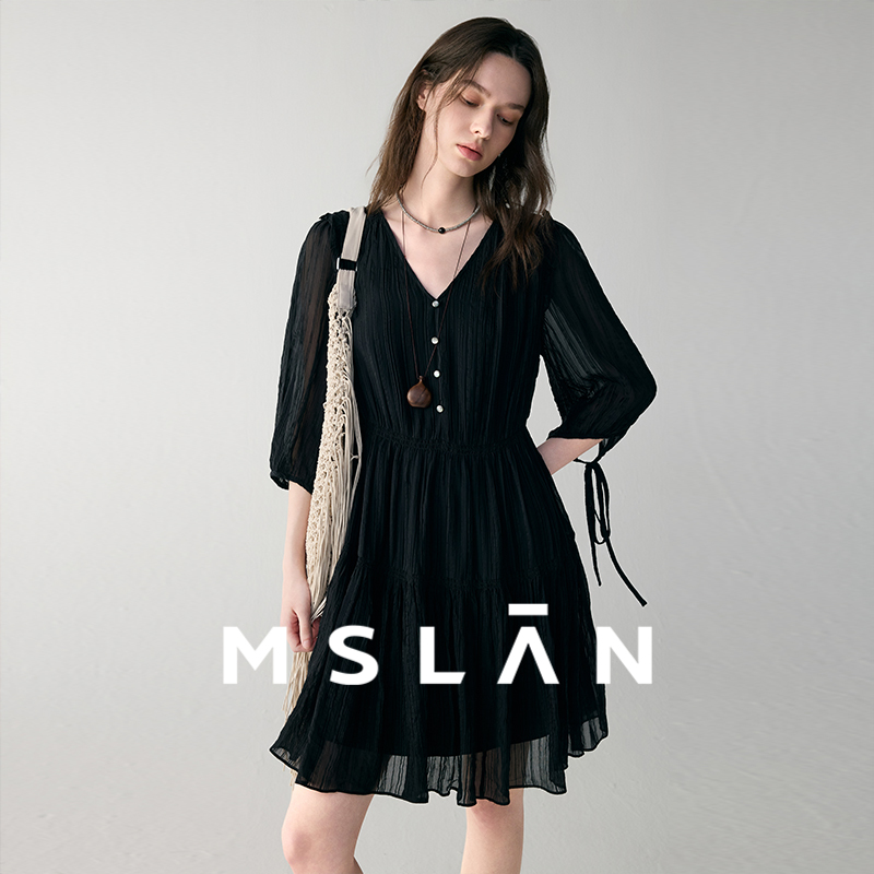 MSLAN气质含桑蚕丝绑带连衣裙
