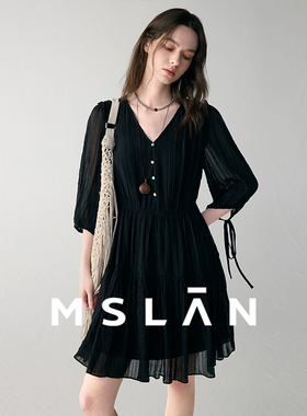 透气不闷热/MSLAN26春气质含桑蚕丝七分袖绑带连衣裙MGBT340