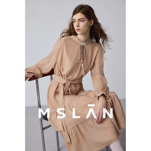 MSLAN复古绑带收腰茶歇连衣裙